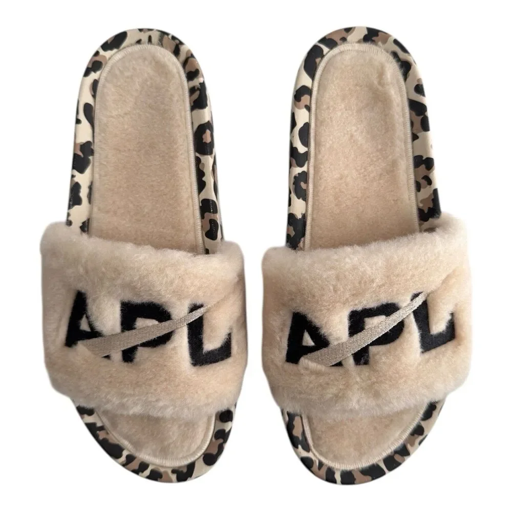 APL‎ Women’s Shearling Furry Slide Sandals in Parchment/Black/Leopard Size 10